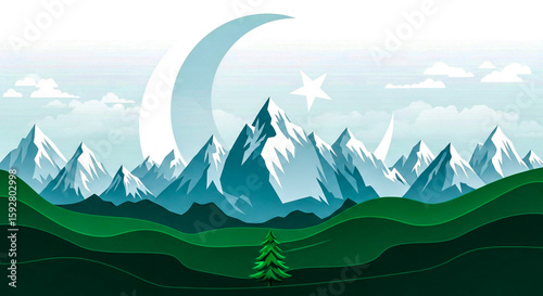 A stylized landscape featuring majestic snowcapped mountains and rolling green hills under a sky with a prominent crescent moon and star, with a lone pine tree in the foreground