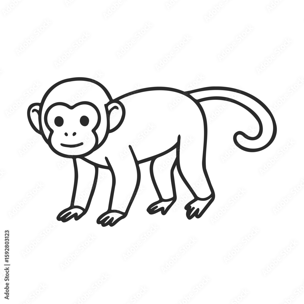 Obraz premium Cute outline drawing of a playful young monkey for kids coloring activities