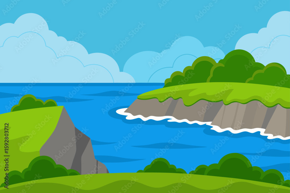 Fototapeta premium Cartoon Bay Area With Grassy Ridge And Calm Ocean Water