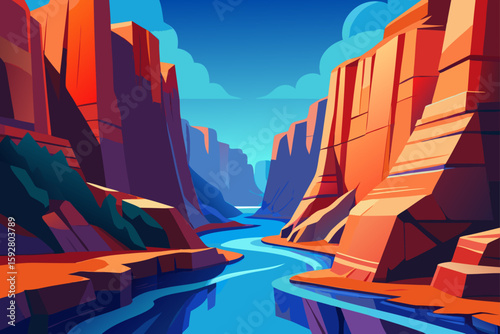 Cartoon Canyon River With Red Rock Walls And Deep Blue Water