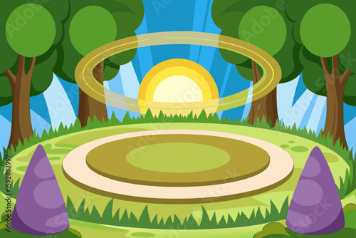 Cartoon Glade With A Circular Light Halo And Soft Grass