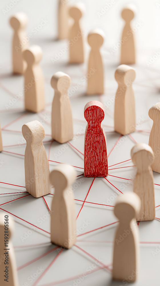 Obraz premium Isolated red figure among wooden figures connected by red threads image