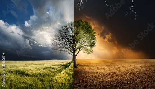 a contrast between sunny and stormy weather highlighting a tree that signifies life showing how the weather affect environment