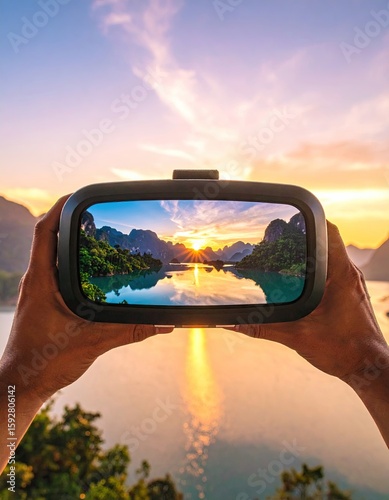 VR headset showing a stunning sunset over a lake