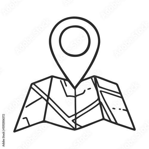 Black and white map icon with location marker on folded paper