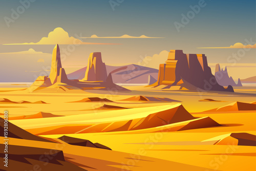 Flat Open Desert With Low Rocky Mounds And Yellow Ground