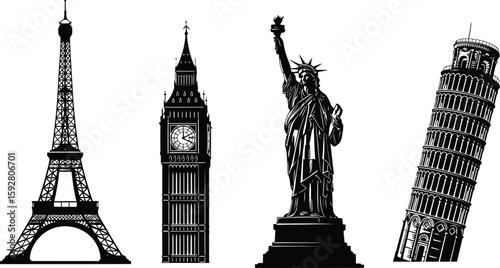 A striking silhouette of a city tower showcasing its architectural grandeur isolated on white background