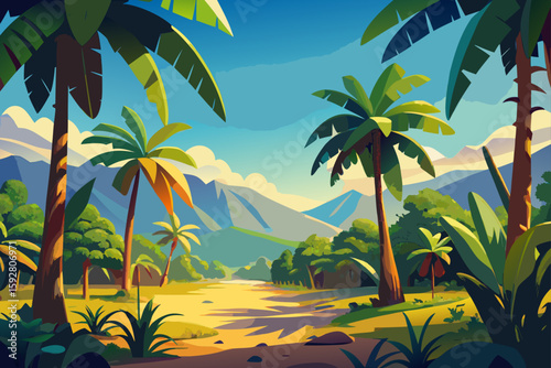 Flat Tropical Plain With Banana Trees And Warm Ground