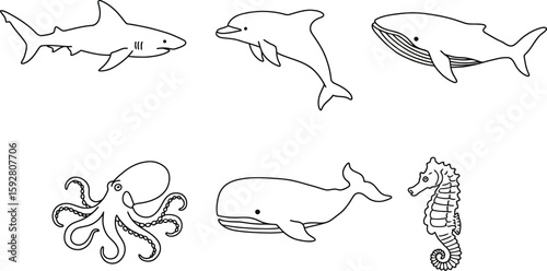 Collection of diverse undersea animal silhouettes including fish crustaceans and marine life isolated on white background