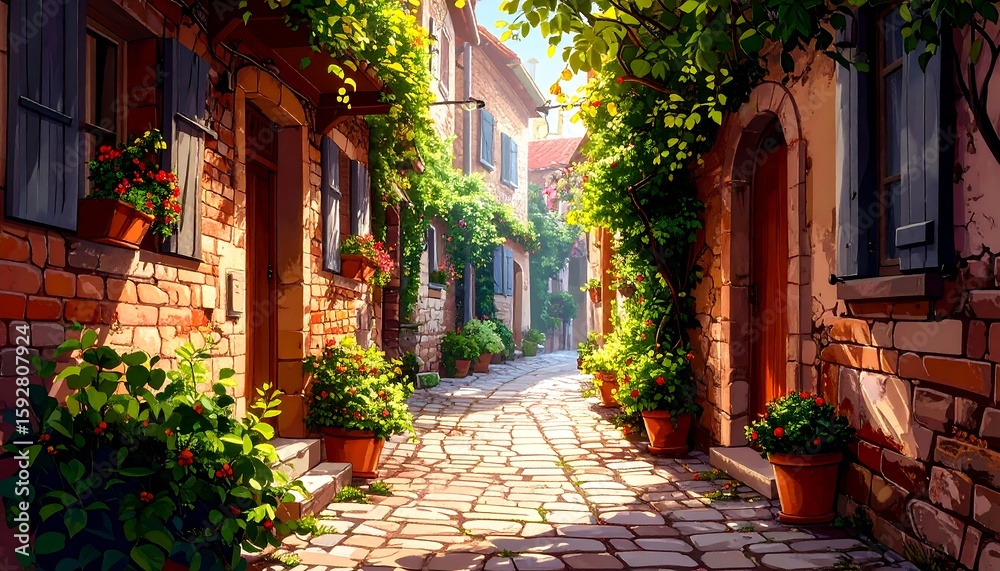 Obraz premium Charming narrow cobblestone alleyway with rustic brick walls, green plants, vintage architecture, and peaceful atmosphere in a quiet historic old town street.