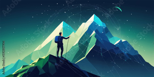Man and woman silhouette on a mountain at night with stars, an illustration of love under the moonlit sky