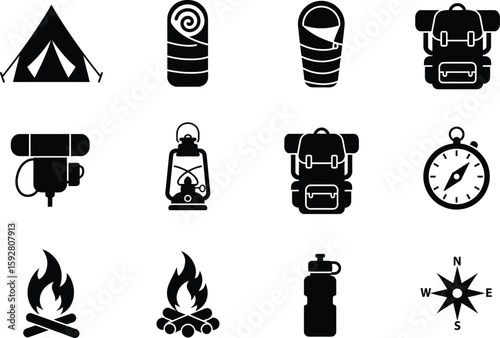 Collection of camping and outdoor activity icons featuring a silhouette isolated on white background