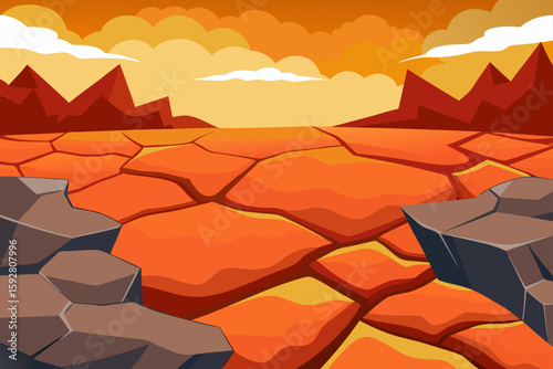 Vector Dry Lava Slope With Sun Streak Cracks In Red
