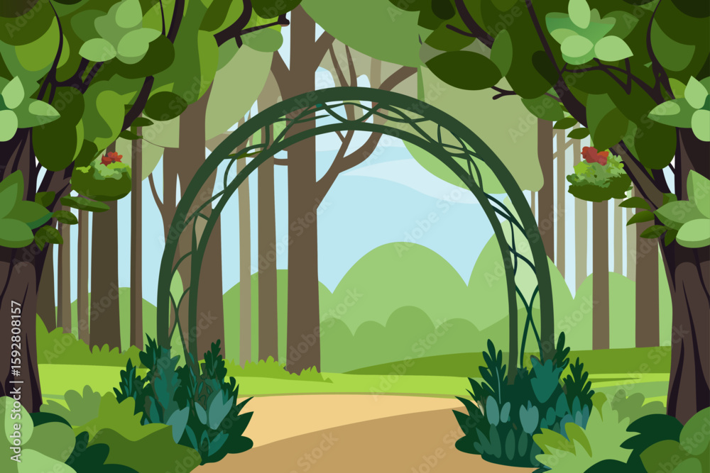 Obraz premium Vector Forest Arch With Vines Above And Soft Green Ground