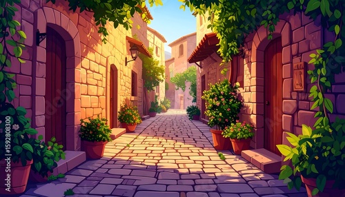 Narrow medieval stone street with old architecture and ancient doors in a European town.