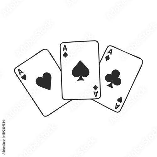 Three aces spades hearts clubs playing cards on white background
