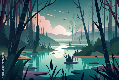 Vector Swamp Clearing With Cattails And Still Dark Water