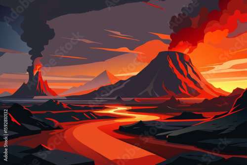 Vector Volcanic Field With Dark Rocks In Red And Orange
