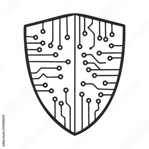 Digital circuit shield icon representing cybersecurity and technology integration