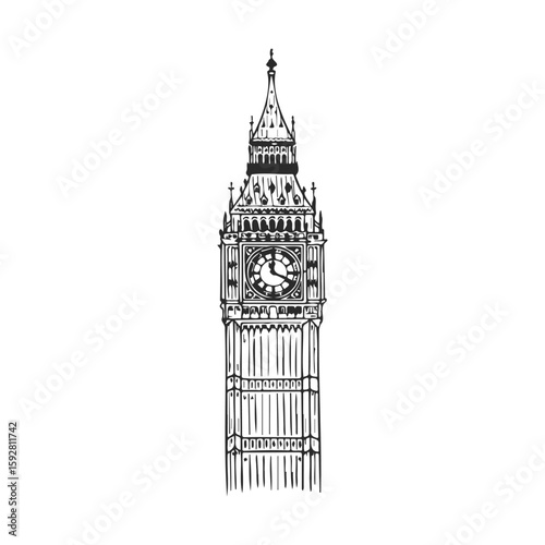 Black and white hand-drawn illustration of big ben clock tower