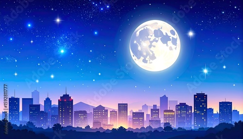 Night city skyline with moon and stars over urban buildings in winter scene.