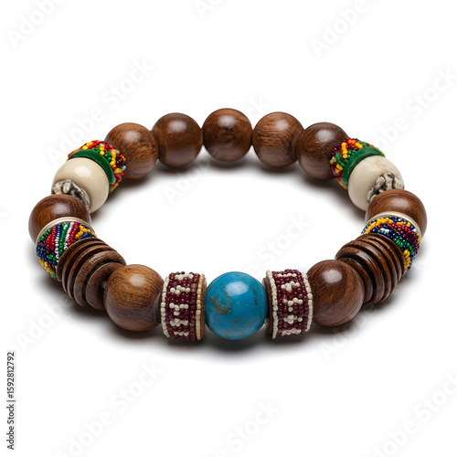 Handmade wooden beaded bracelet with turquoise accent isolated on white background