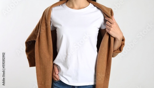 Woman wearing a white t-shirt and a camel-colored cardigan