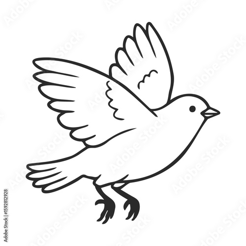 Black and white illustration of a flying bird with outstretched wings