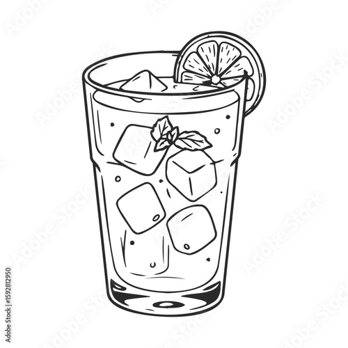 Refreshing iced beverage with lemon and mint in a tall glass outline drawing