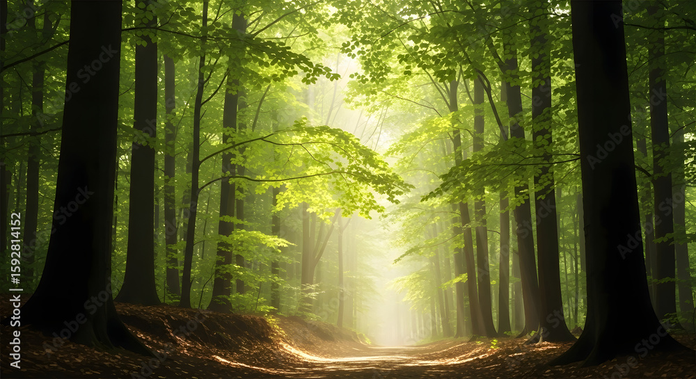 Obraz premium Sunlit Path Through Lush Green Forest Mist trees sunlight