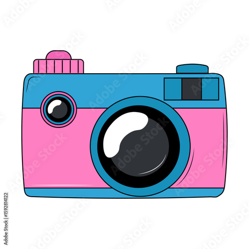 Sticker Graphic of a Pink Camera on a White Background. Vector Illustration of Cute and Vintage Photo Equipment.