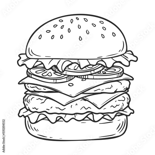 Detailed black and white line drawing of a classic cheeseburger with toppings