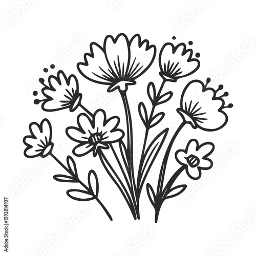 Black and white line art of wildflowers with detailed petals and stems