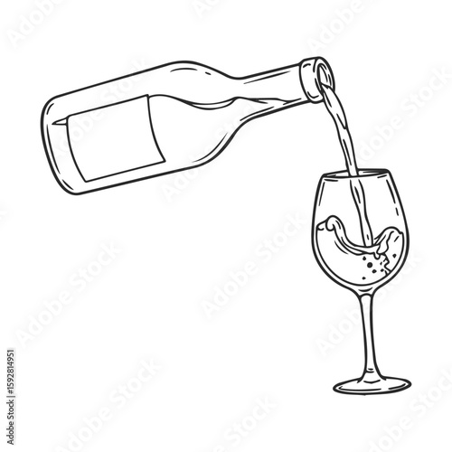 Outline drawing of wine bottle pouring wine into glass with splash effect