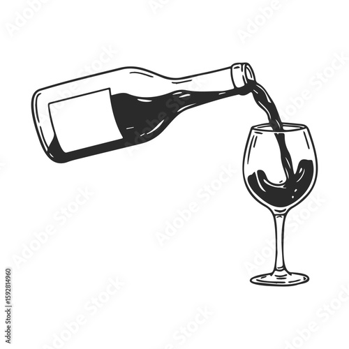 Black and white illustration of wine pouring into glass