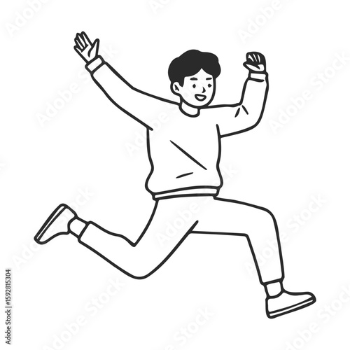 Happy young male jumping in air - outline drawing of joyful movement