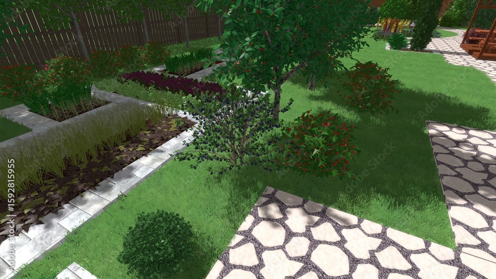 Fototapeta premium 3d image of the landscape design of the home territory. Landscaping of the territory. Computer visualization of composite landscaping and landscaping solutions.