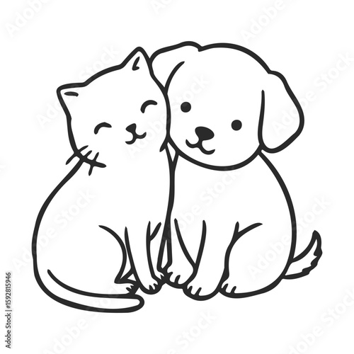 Adorable cartoon cat and dog cuddling together on white background