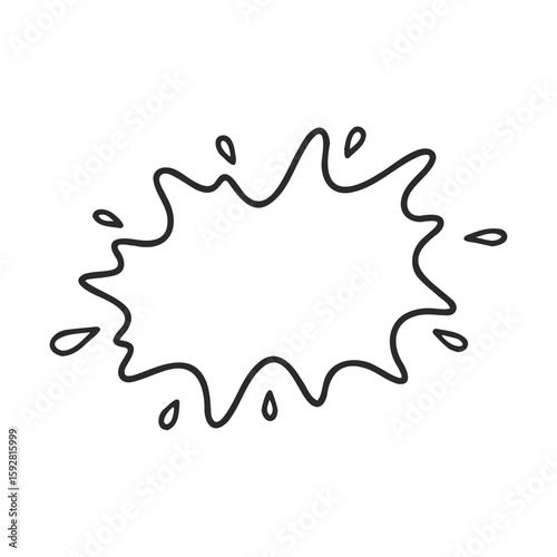 Black ink splat on white background with dynamic shape and droplets
