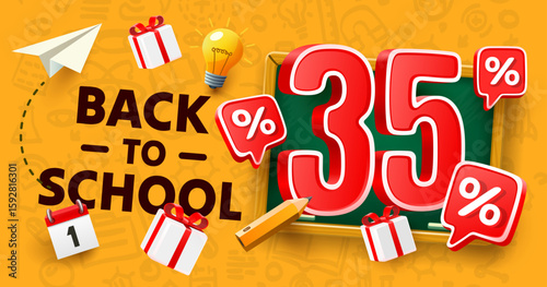 Back to School special offer, Sale 35 percent. Vector illustration 