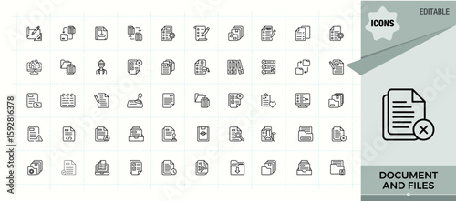Document And Files vector line icon set. Minimalist icons pack. Pictograms of list, data, text, page, paper, report, document. Vector artwork and illustration. File icon set.