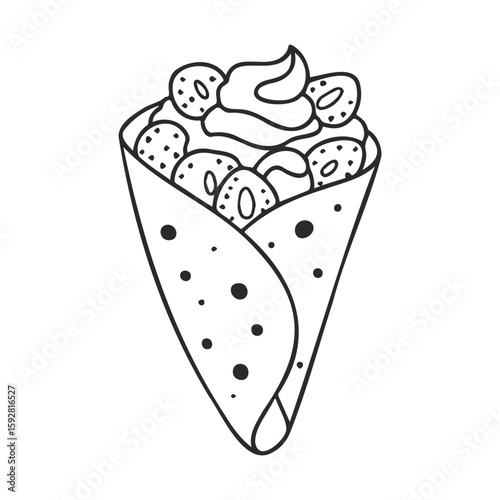 Black and white illustration of sweet crepe with fruits and whipped cream