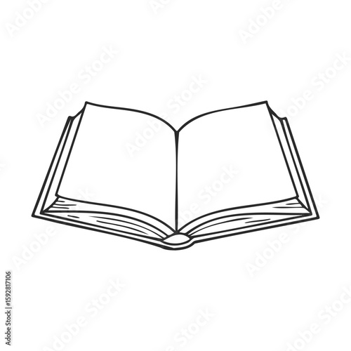 Open sketchbook with blank pages drawing in black and white