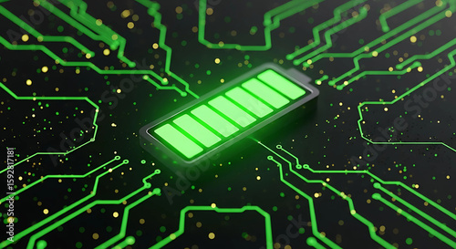A fully charged battery glows on a circuit board, symbolizing renewable energy and technological power