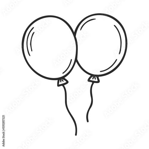 Black and white line art of two floating balloons with strings