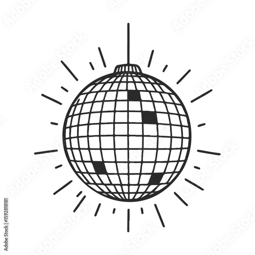 Monochrome disco ball with shining rays in retro style
