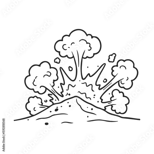Cartoon volcanic eruption with ash clouds and lava explosions