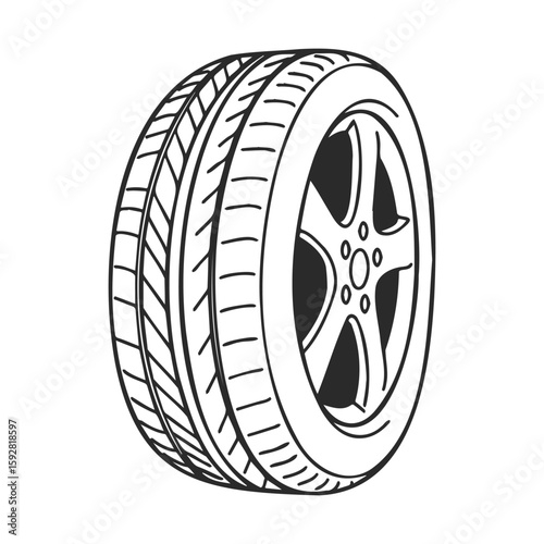 Line art illustration of a car tire with tread and rim detail