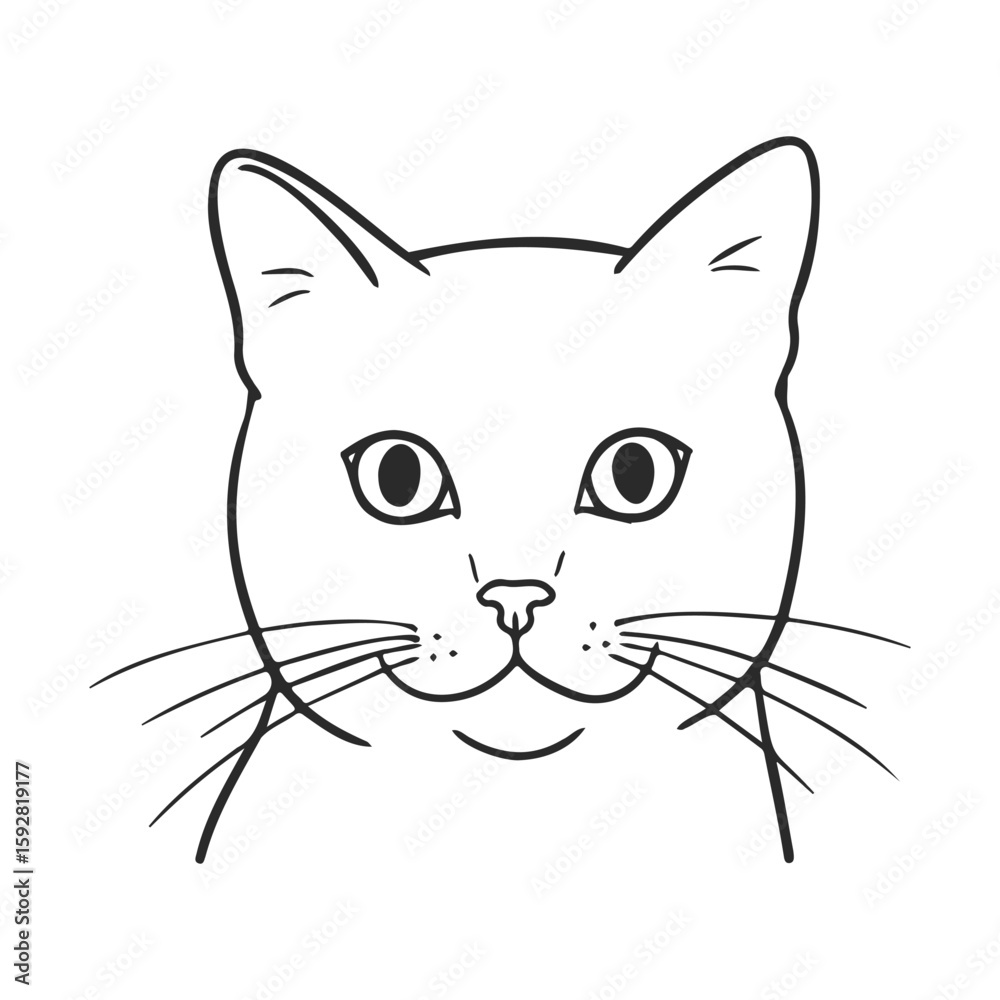 Fototapeta premium Simple black and white cat illustration with whiskers and alert eyes