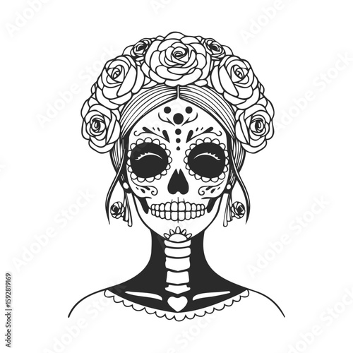 Female calavera catrina with floral headpiece for dia de los muertos